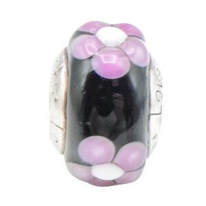 Lovelinks By Aagaard Black Murano Glass Charm With Pink Flowers